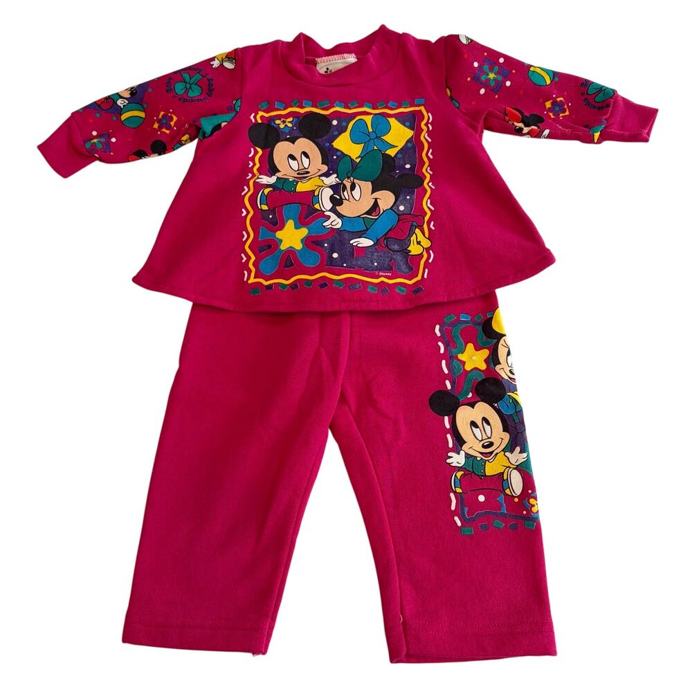 VTG 90s Disney Babies Mickey Minnie Mouse Pink Sweatshirt Sweatpant Set 12 Month
